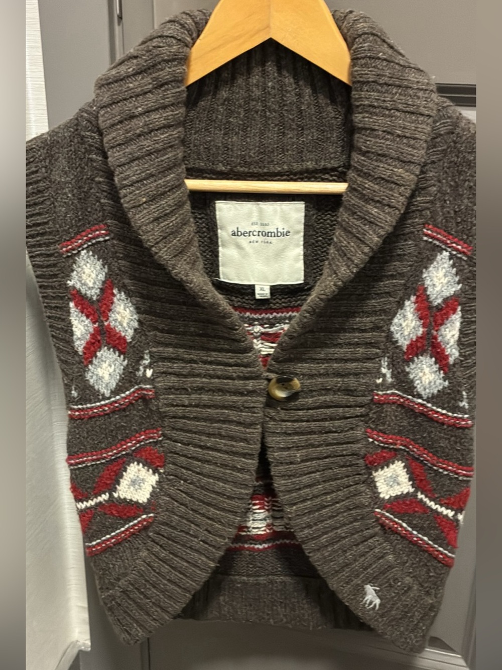 Abercrombie & Fitch Brown Shawl Collar Knit Cardigan with Red & Cream Fair Isle